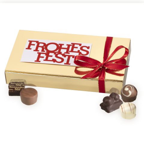 Goldschachtel "Frohes Fest" mit 125g Pralinen ohne Alkohol